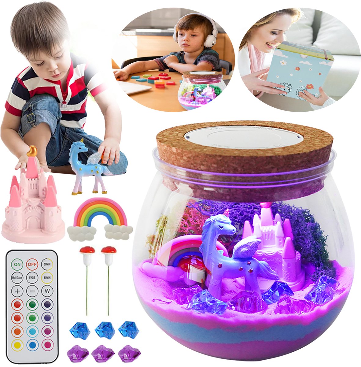 Eenhoorn Terrarium Knutselpakketten, Doe-Het-Zelf Lichtgevende Eenhoornsets, Creatieve Verjaardagscadeaus, Met Led-Nachtlampje en Afstandsbediening.