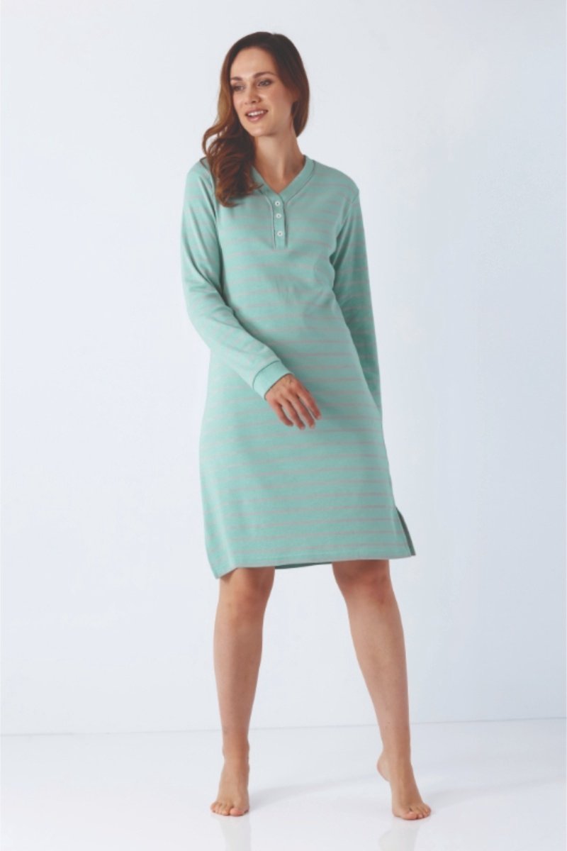 Hajo Premium katoen dames nachthemd turquoise gemêleerd Hajo - Blauw - Maat - 52/54