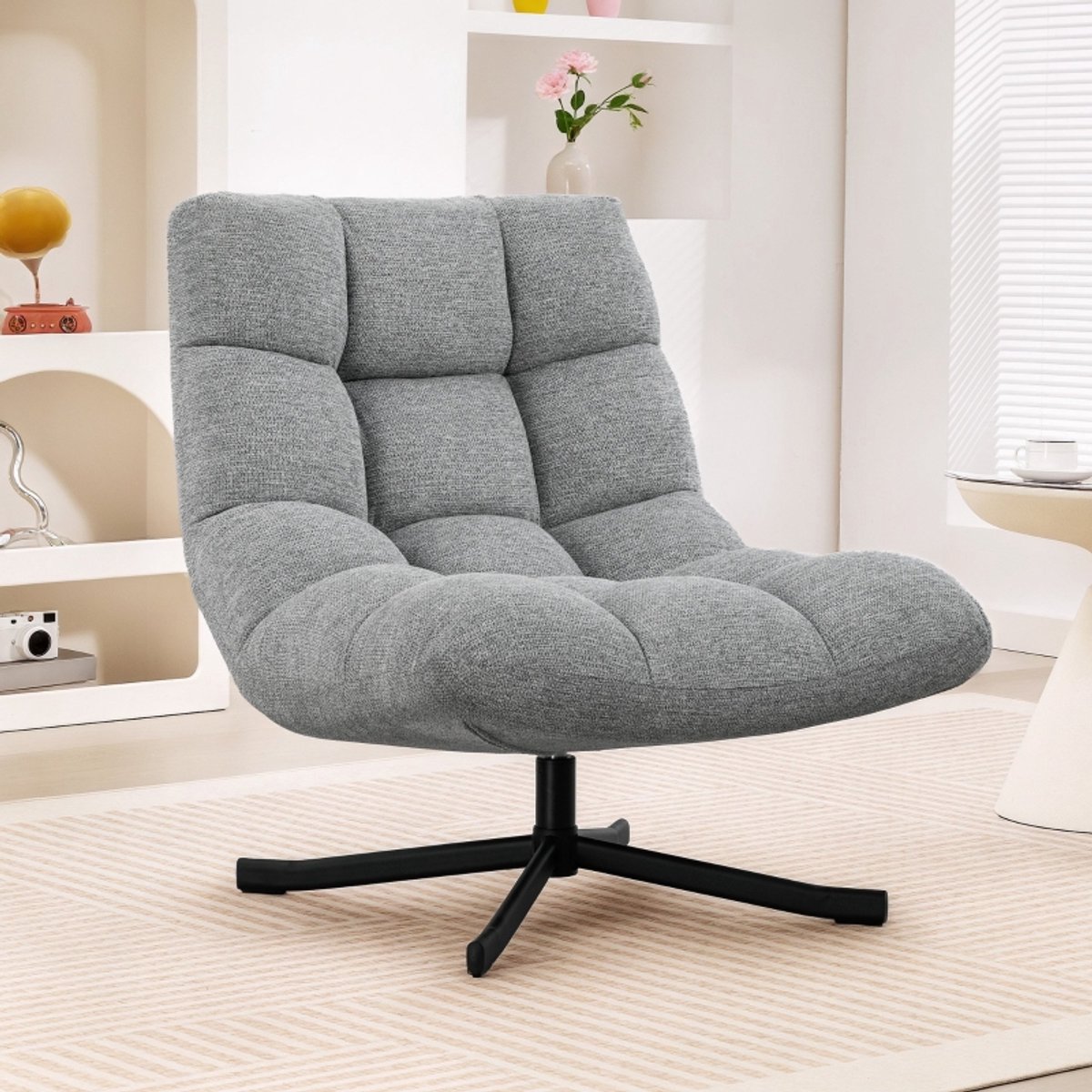 REDOM Draaibare fauteuil - 360 graden draaifunctie - Armloos ontwerp - Polyester chenille-look - Stalen onderstel - Grijs - 75 x 95 x 90 cm