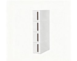 Opbergkast Smal Met Wielen, Opbergladekast Met 4 Lades, Opbergtoren Opbergunit, Ruimtebesparend Ontwerp, Verrijdbare Opbergwagen, Kunststof Lades, Voor Badkamer Keuken Woonkamer, 45 x 17 x 84 cm, Wit+Bruin