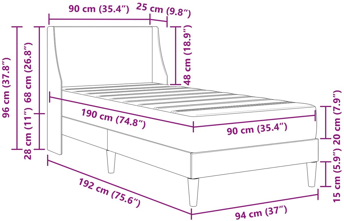 vidaXL Bedframe - met - matras - Donkergrijs - 90 - x - 190 - cm - Stof