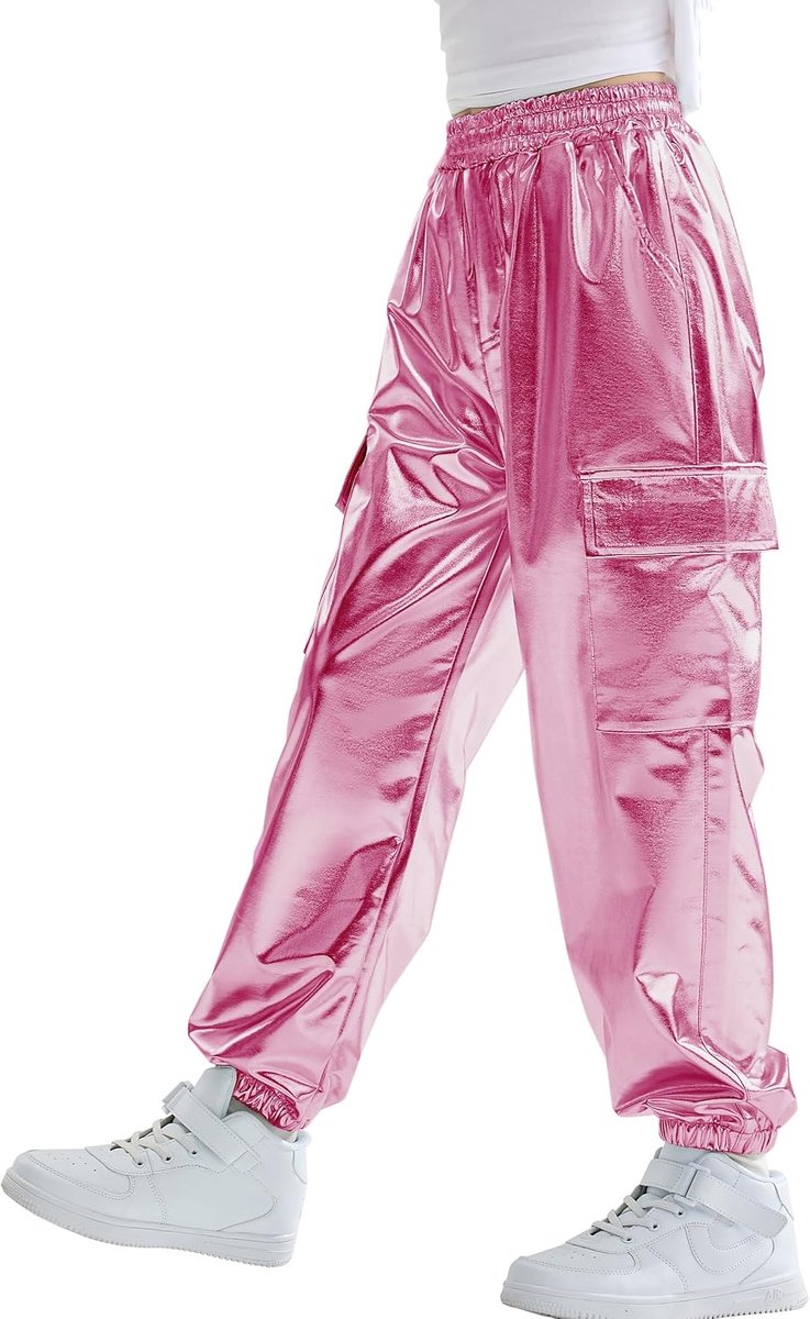 Glanzende metallic cargobroek voor meisjes, dans, hiphop, harembroek, kinderen, elastische taille, retro, disco, streetwear, roze, 6-7 jaar
