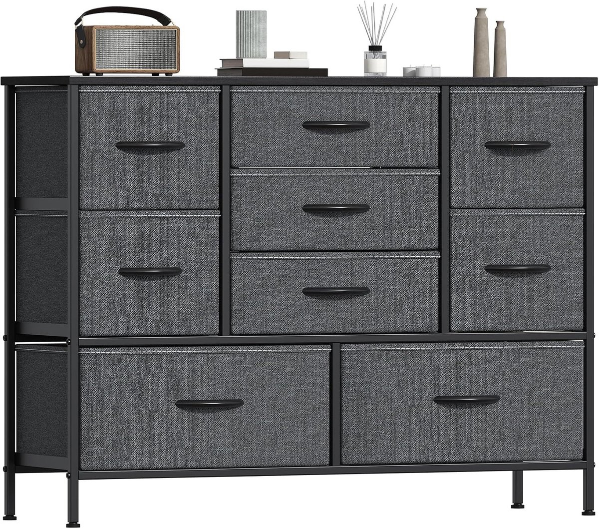 Ladekast met 9 stoffen lades - Brede opbergkast met metalen frame en MDF bovenblad - Voor slaapkamer en woonkamer - 100 x 30 x 76 cm - Donkergrijs