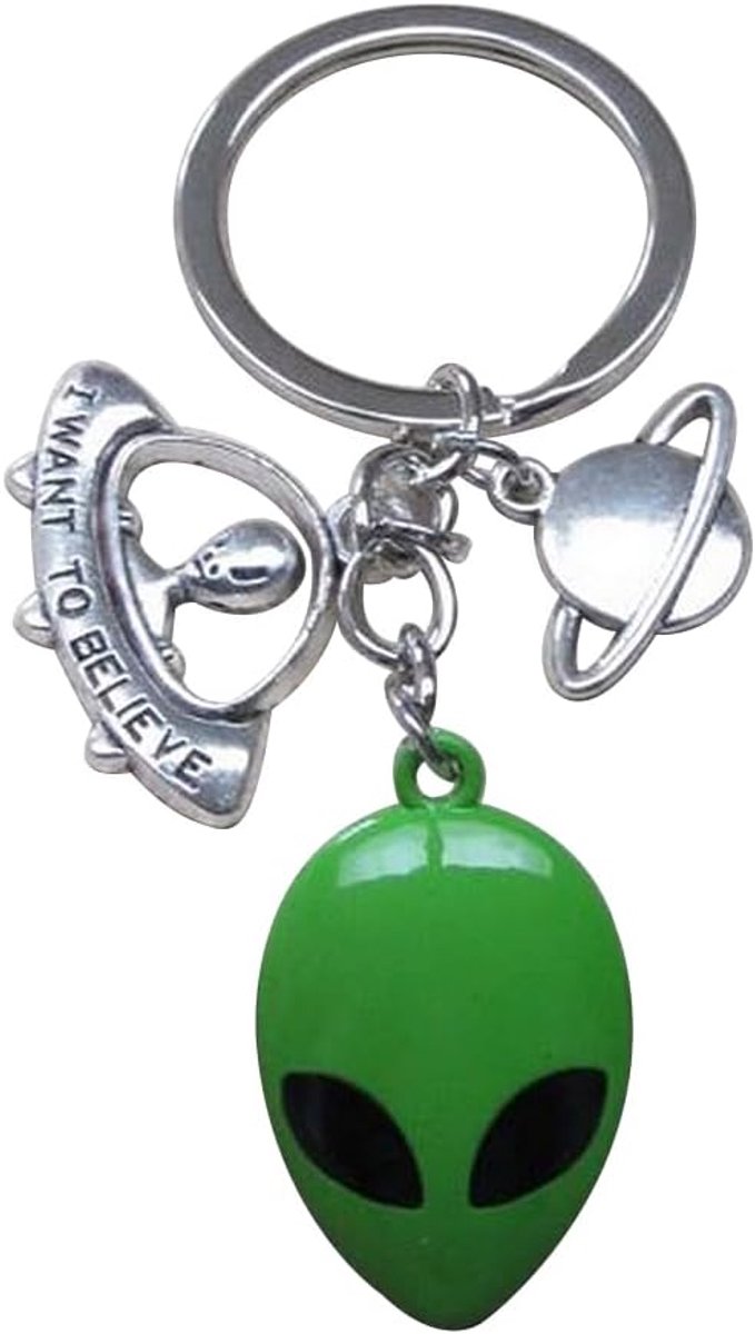 sleutelhanger, alien, vliegende schotel en planeet van staal., zilver., Eén maat