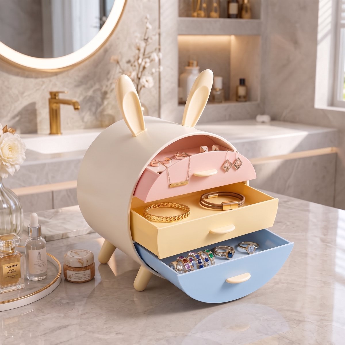 INDECOR Make-up Organizer met 3 Lades – Skincare Organizer – Beauty & Parfum Organizer – Opbergbox Make-up – Opbergdoos Cosmetica – Voor Badkamer & Make-up Tafel – Sieraden Organizer – Konijnenoren – Pastel