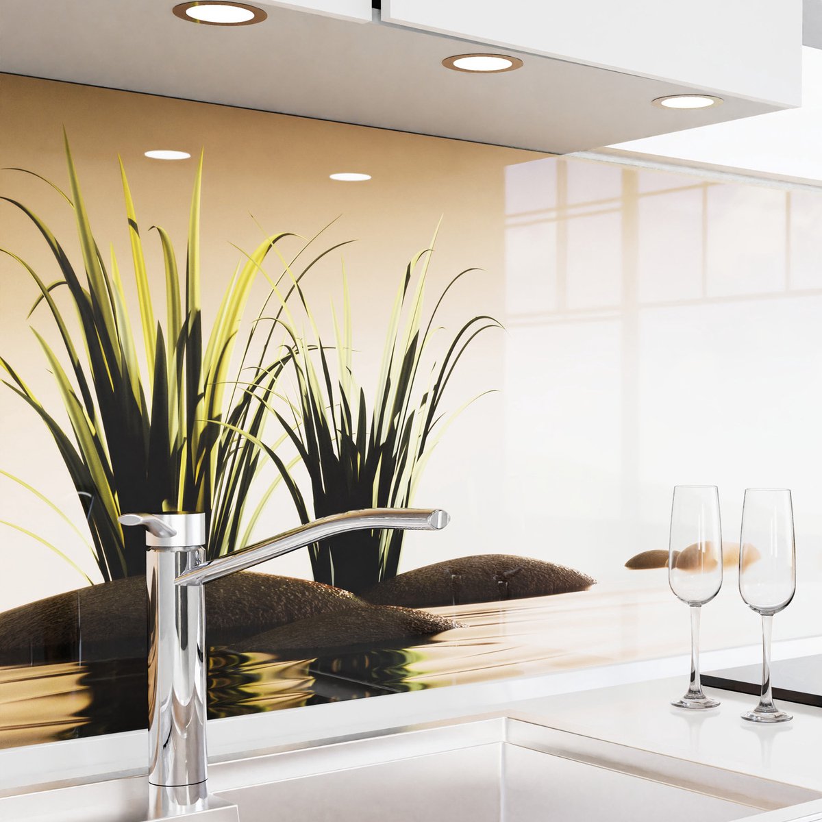 Keuken achterwand zelfklevend – Glaslook – Spatscherm keuken – Verstevigde PET folie – Spatwand fornuis – Muurbeschermer – 0,80 mm - Zee-stenen Avondgoud - Materiaalmonster A5