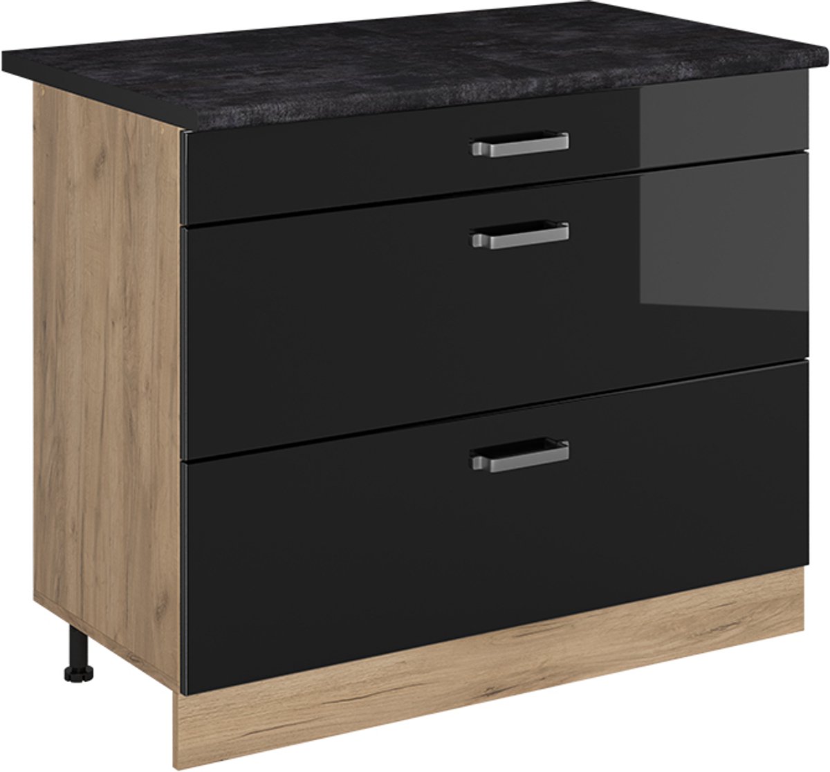 Vicco Keukenonderkast R-Line, Zwart hoogglans/Goudkleurig Eiken, 100 cm antraciet werkblad