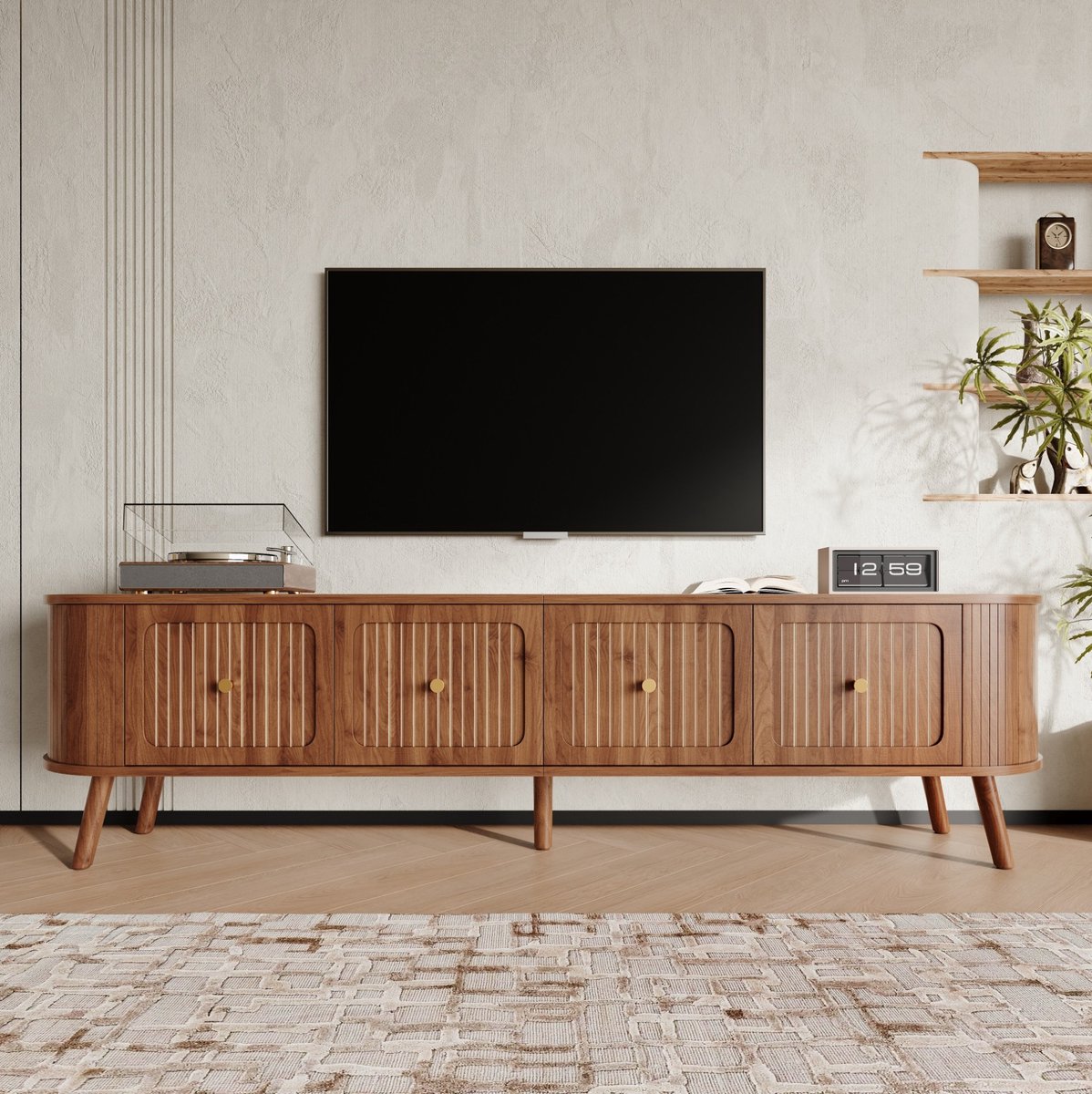 MEUNIQ TV-meubel 180 x 38 x 47 cm met 4 klepdeuren, gouden handgrepen en houten poten voor woonkamer, walnootkleur retro