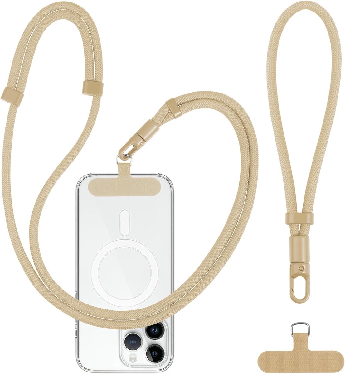 Telefoonband, universeel, lang, kort, 1 verstelbare telefoonband, 1 polsband met 2 universele patches, telefoonkoord om om te hangen, afneembaar telefoonkoord, voor alle smartphones