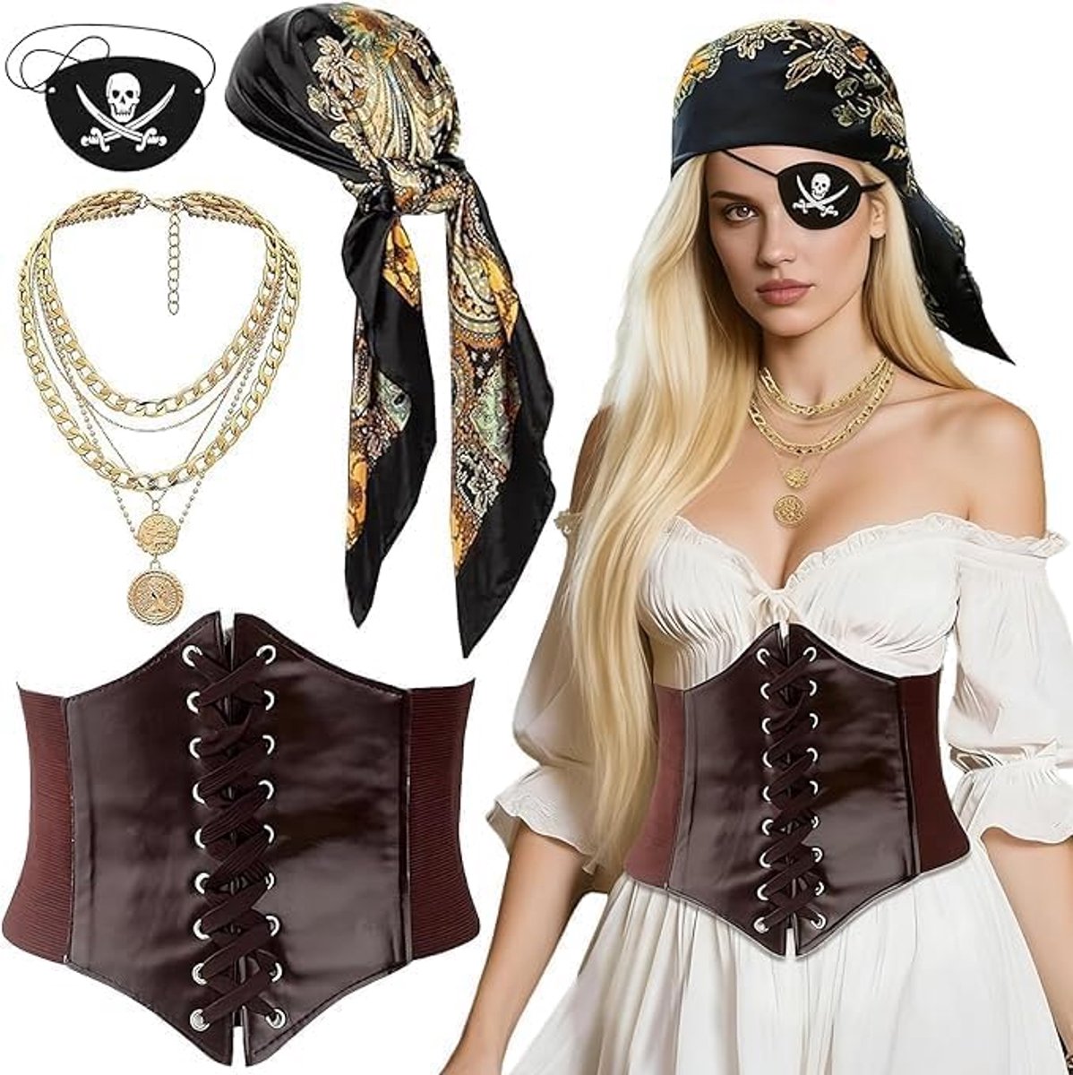 Piratenkostuumset voor volwassenen, 4-delig, piratenhoed, hoofddoek, korset, gouden halsketting, zwart-bruin, voor carnaval en themafeesten