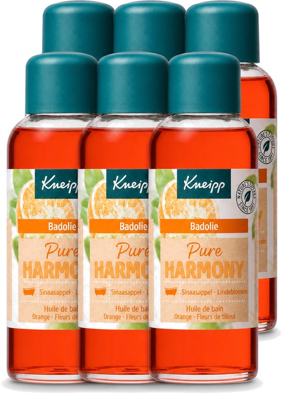 Zes flessen Kneipp badolie met sinaasappel en lindebloesem. De olie is oranje van kleur en de flessen hebben een donkergroene dop.