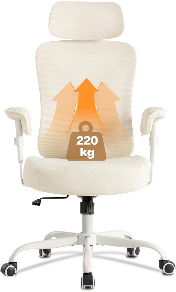 UEV Ergonomische Bureaustoel, tot 220 kg, Gamingstoel, Schommelfunctie, Beige