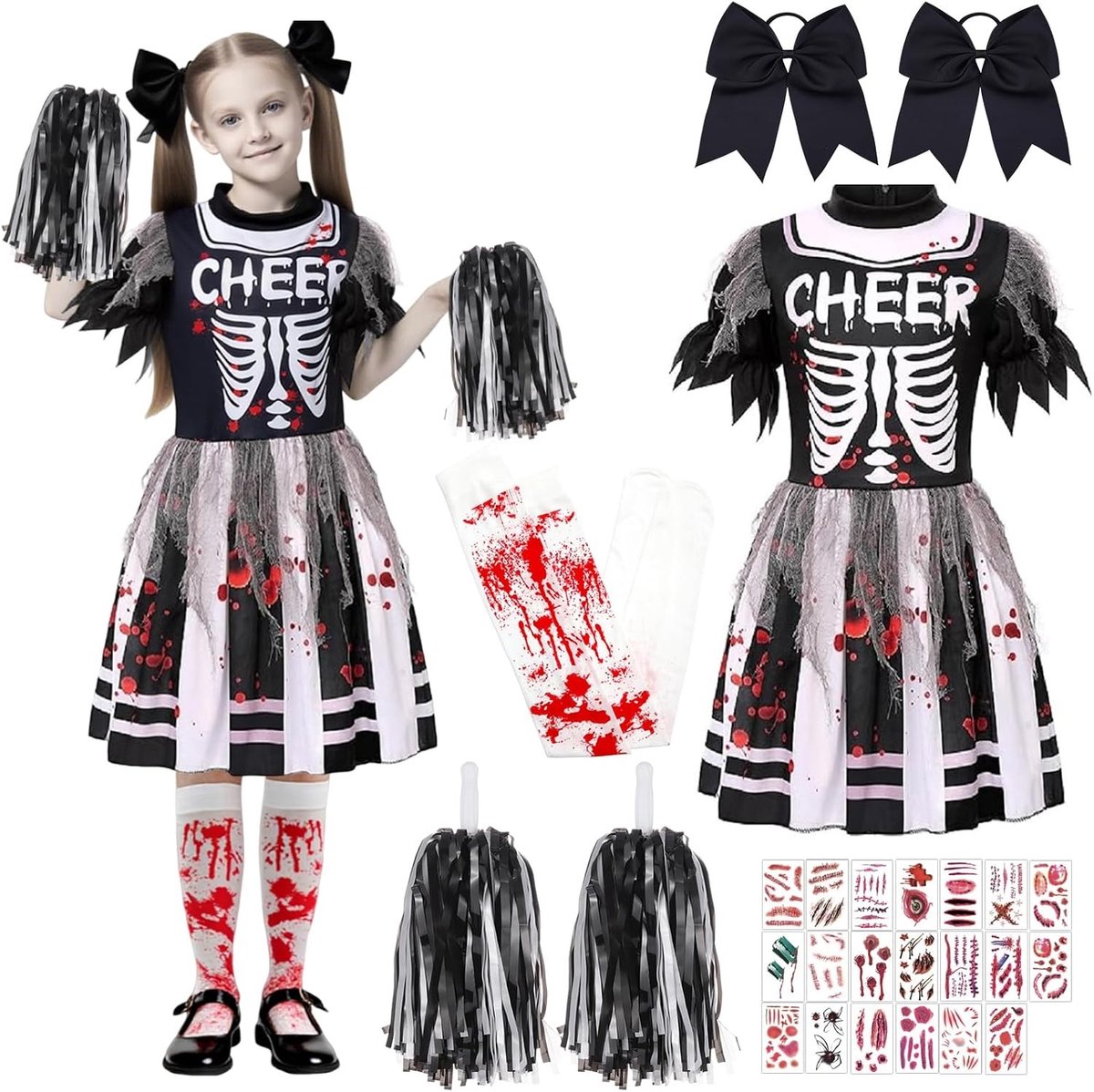Zombie Cheerleader Kostuum voor Meisjes, Halloween Skelet Jurk met Bloed, Perfect voor Carnavalsfeest en Halloween Feestjes
