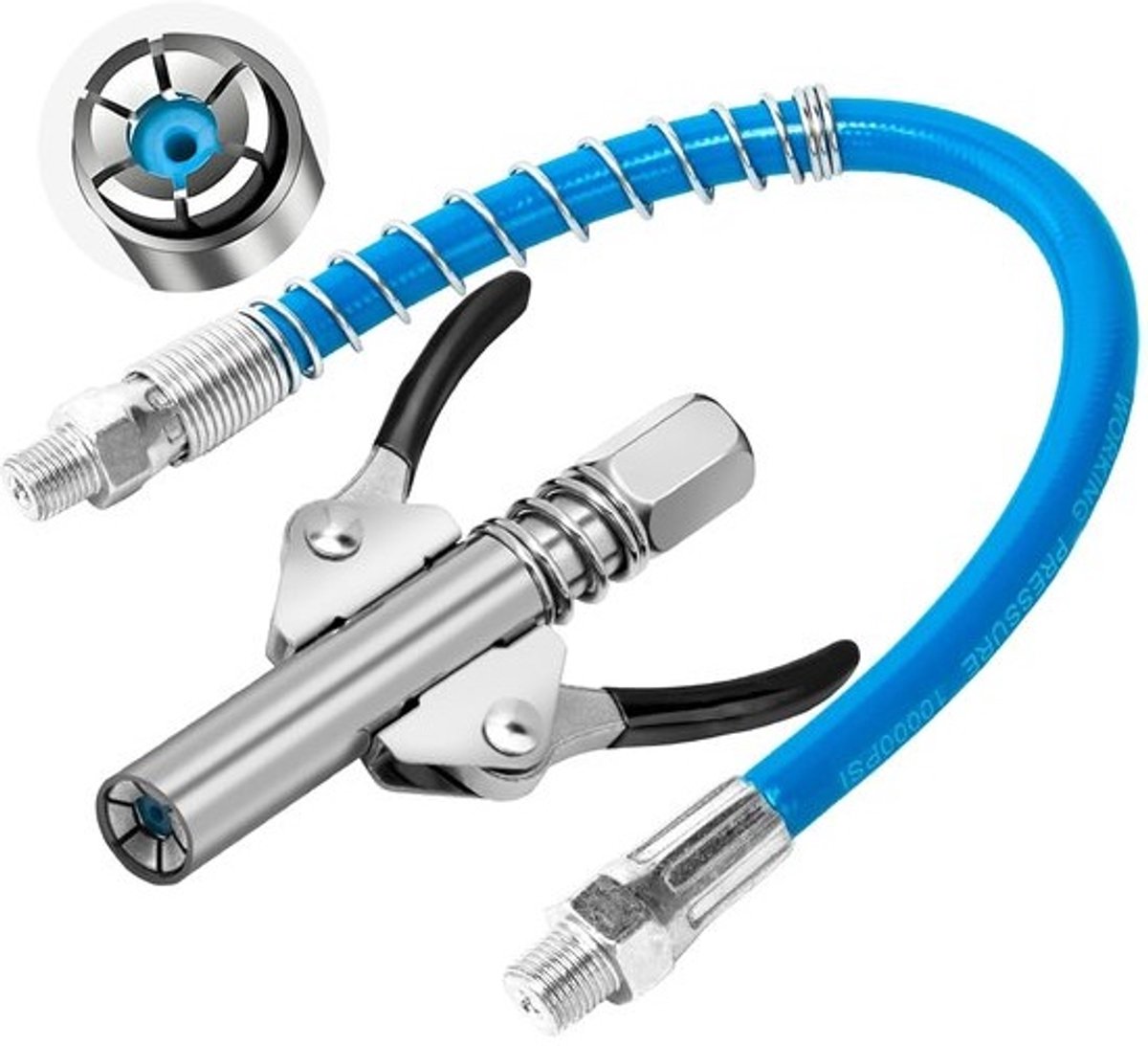 Vetspuit Mondstuk - Vetkoppelingsstuk - Machine Smering - Dubbele Handgrepen - 30cm Slang - Zilver