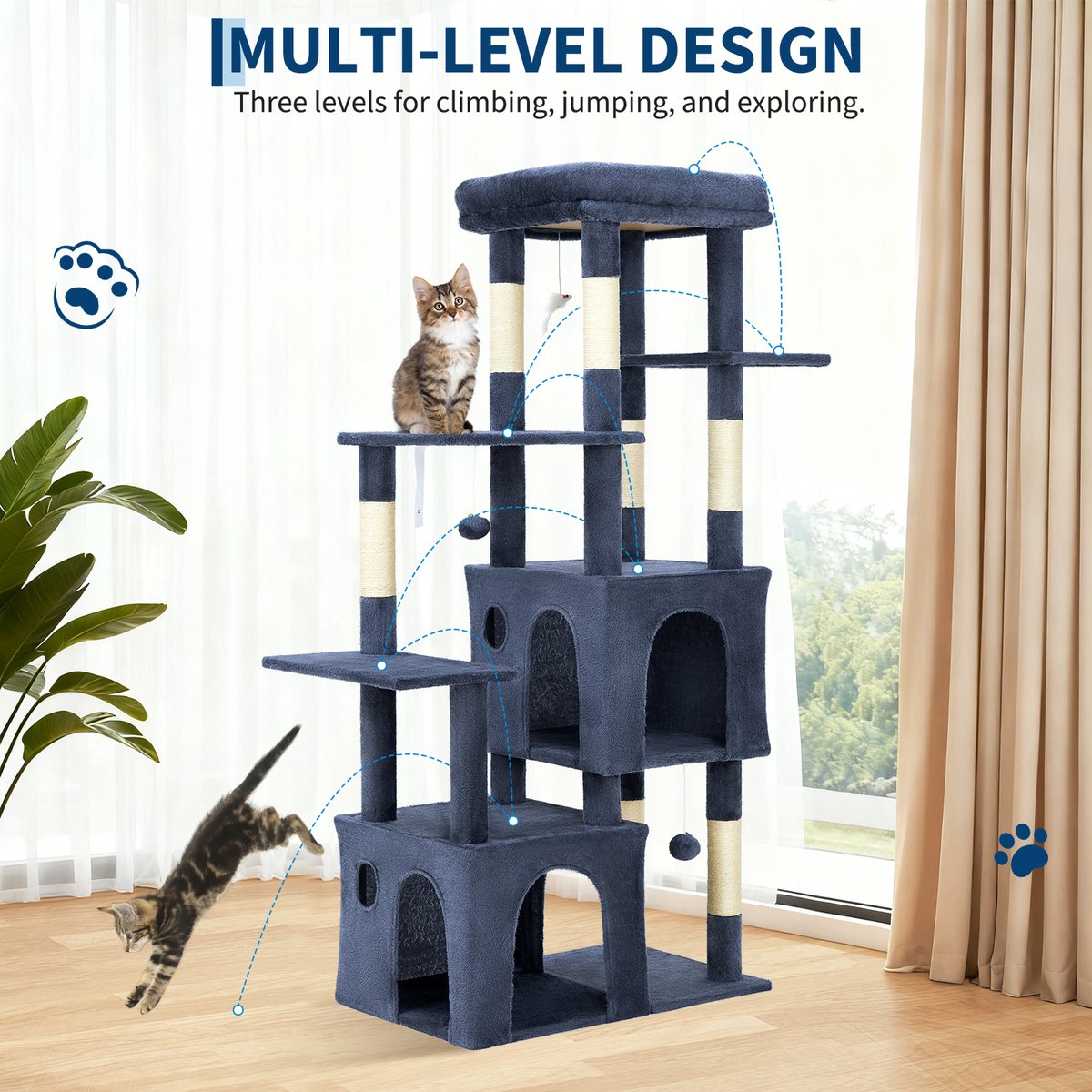 Triumpunpre - Kattenboom 155 cm Voor Grote Katten & Maine Coon - Meerlaagse Kattentoren met 7 Sisal Krabpalen, 2 Kattenholen en Groot Platform - Blauw thumbnail 2