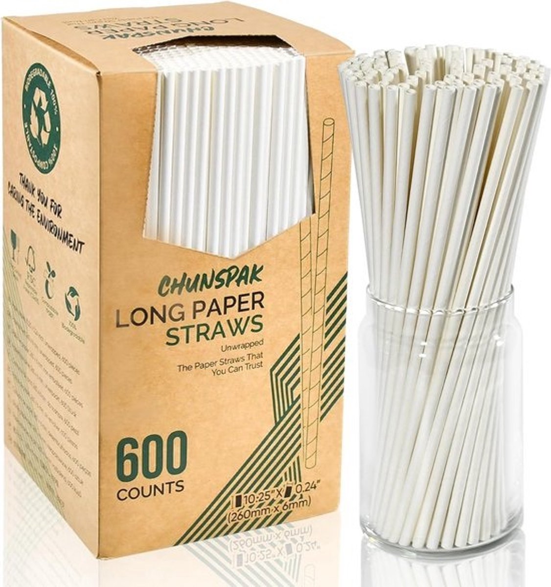Extra Lange Papieren Rietjes 26 cm - Biologisch Afbreekbaar en Composteerbaar voor Drankjes, 600 Stuks