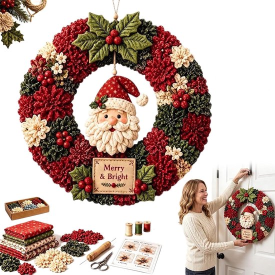 Kerstkrans met kerstman en 'Merry & Bright' tekst, rood, groen, crèmekleurig.