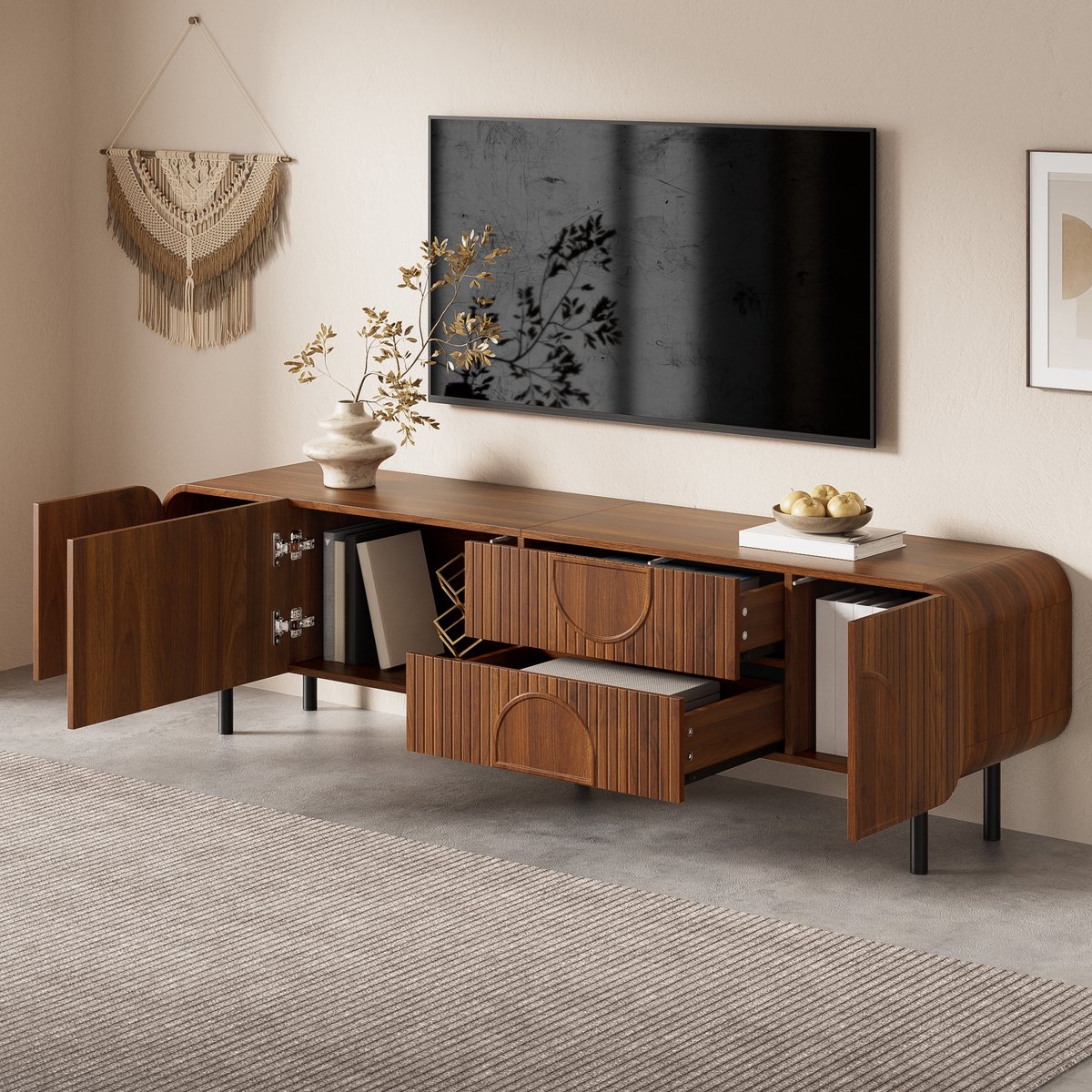 MUVANO Tv meubel walnoot - Mid century tv dressoir - Tv kast 180 cm - Met lades en deuren - 180x40x47,5 cm - Kabeldoorvoer - Woonkamer Walnoot
