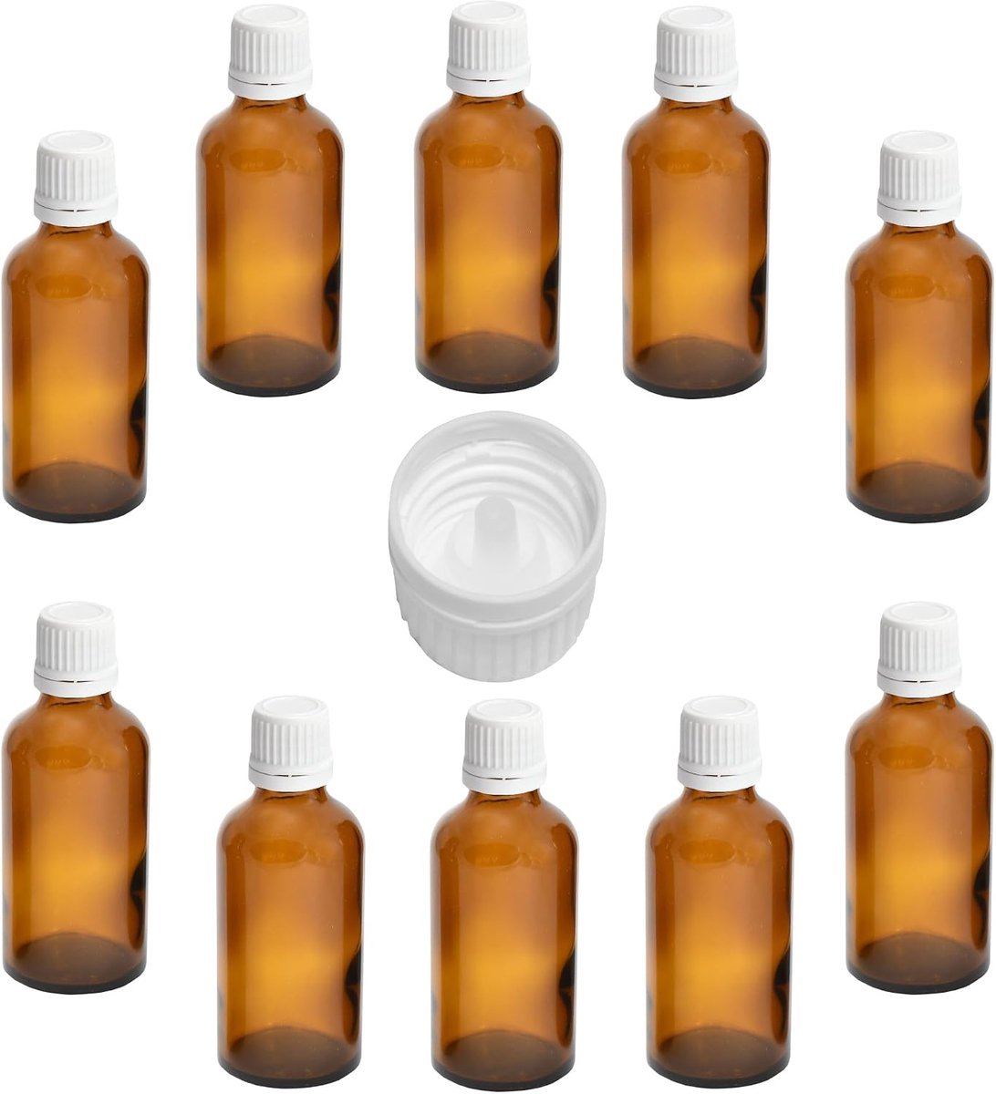 10 x 50 ml apothekersfles bruin met druppeldop, druppelsluiting met originaliteit