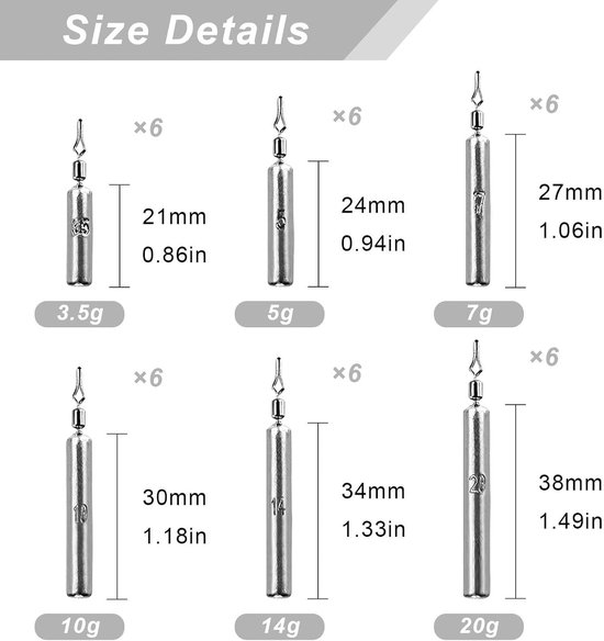 36 stuks visgewichten set voor drop shot en grondlood, variërend van 3,5 g tot 20 g, ideaal voor ervaren en beginnende vissers — afbeelding 5