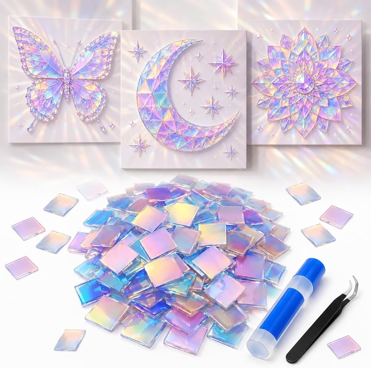 100 Stuks Blauwe Holografische Acryl Mozaïek Stenen 3x3cm, Mozaïek Stenen voor Knutselen met Pincet & Vloeibare Lijm voor DIY Knutselkunst