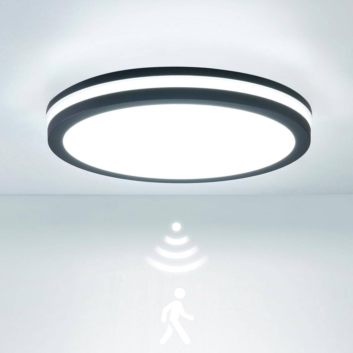 IP65 Waterdichte led-plafondlamp met bewegingssensor, 18 W, 2700 lm, 150 (Lm/W), waterdicht, 3000K/4000K/6500K, ideaal voor badkamer, garage, trap, kelder, hal, balkon, Ø22 cm grijs
