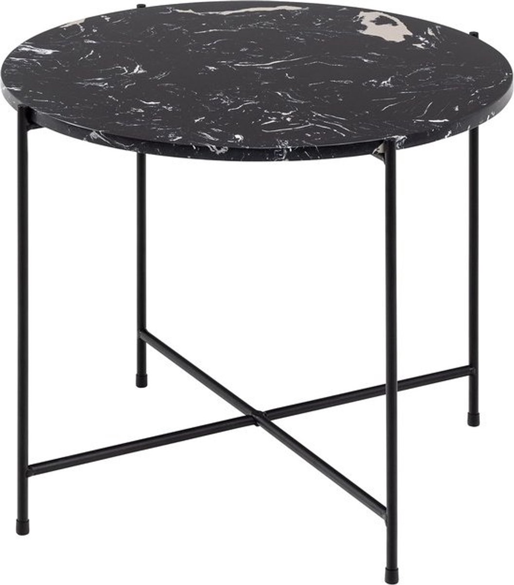 Ronde bijzettafel - Marmerlook tafel - Woonkamer decoratie - Stevig metalen frame - 40 cm breed - Zwart marmerlook