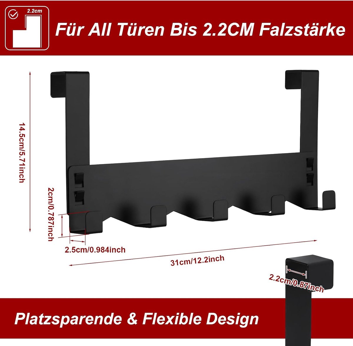Deurhaken om op te hangen, metaal, mat, deurkledinghaken, ruimtebesparende flexibele deurhakenlijst met antislip, voor hele woning, 31 cm