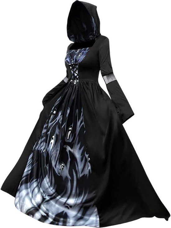Robe gothique noire à capuche, laçage sur la poitrine, manches évasées avec maille et panneau imprimé fantôme gris.