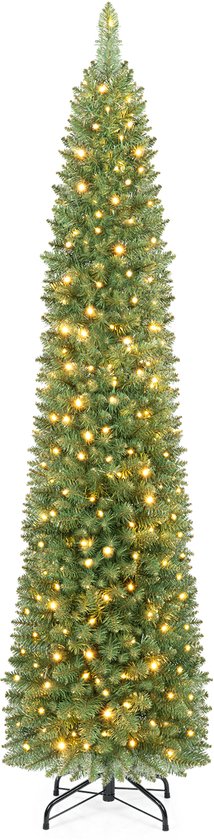 Slanke kunstkerstboom van 180 cm met 180 warmwitte ledlampjes, 445 takken en een metalen standaard.