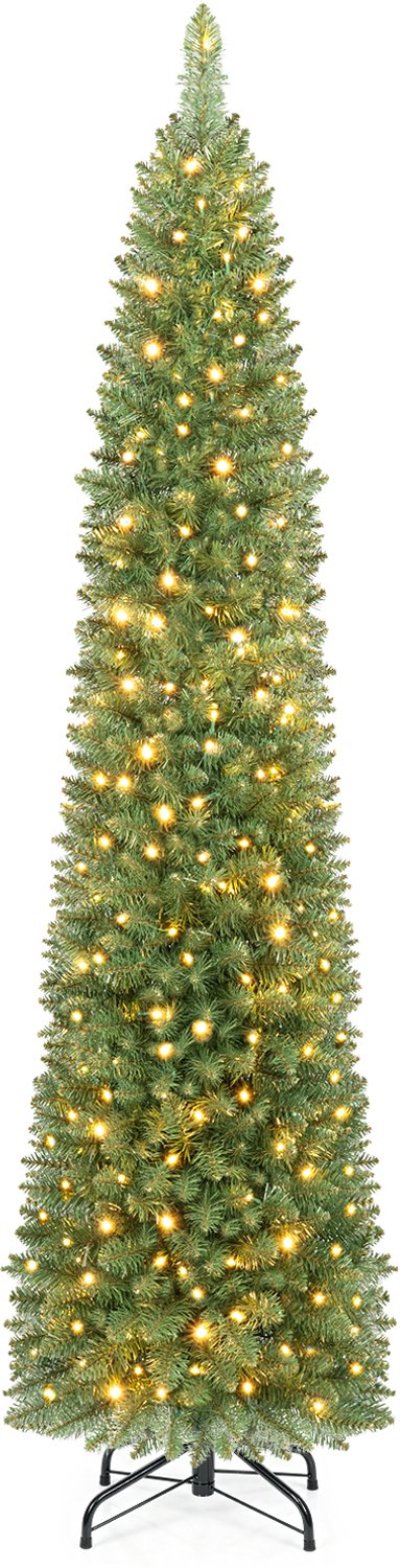 COSTWAY 180 cm Kunstkerstboom smal met verlichting - 445 takken - 180 warmwitte LED-lampjes - Metalen Standaard - Snelle Montage