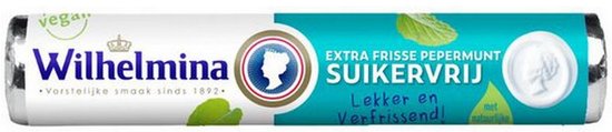 Rol Wilhelmina suikervrije pepermunt in wit en turquoise verpakking met koninklijk profiel en muntblad.