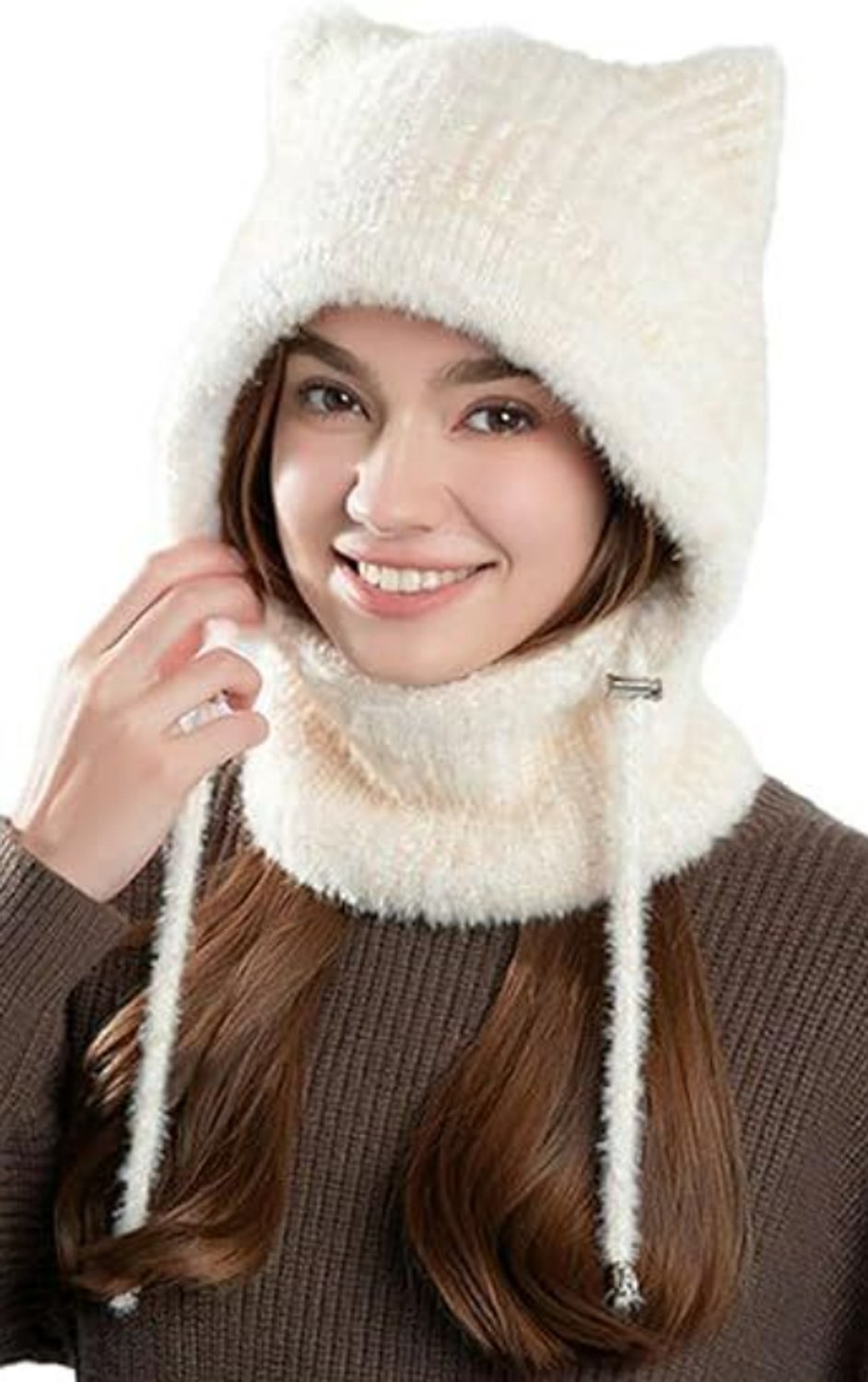 Hoed – Damesmuts – Warme pluche muts – Set met sjaal en masker – Warme gebreide muts met kattenoortjes en capuchon – Beige – Geschikt voor herfst en winter – Zacht en comfortabel