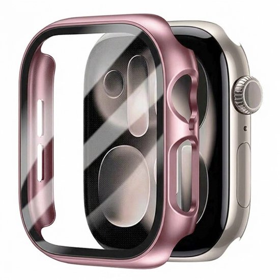Roségoudkleurige Stravo beschermhoes met geïntegreerde glazen screenprotector voor Apple Watch 46mm.