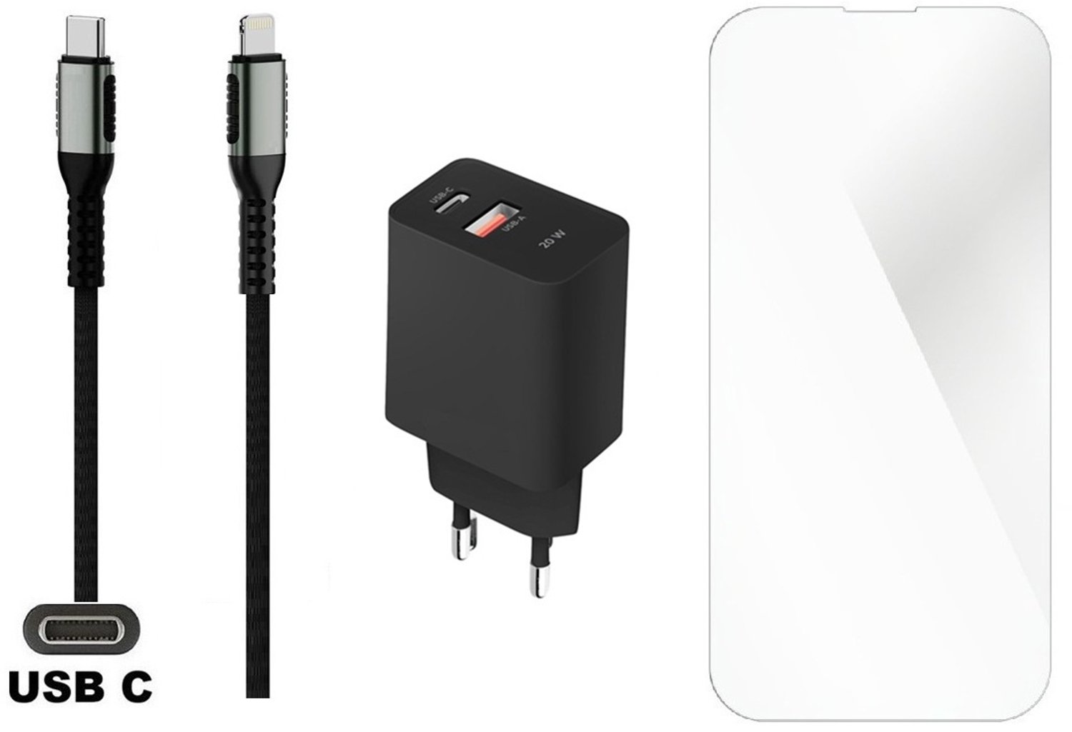 OneOne 20W snellader met 2 poorten en screenprotector van glas voor iPhone 12 Pro Max + 0,5m USB C naar Lightning kabel. PD lader. Universele oplader adapter. Glazen screenprotector past op Apple iPhone 12 Pro Max