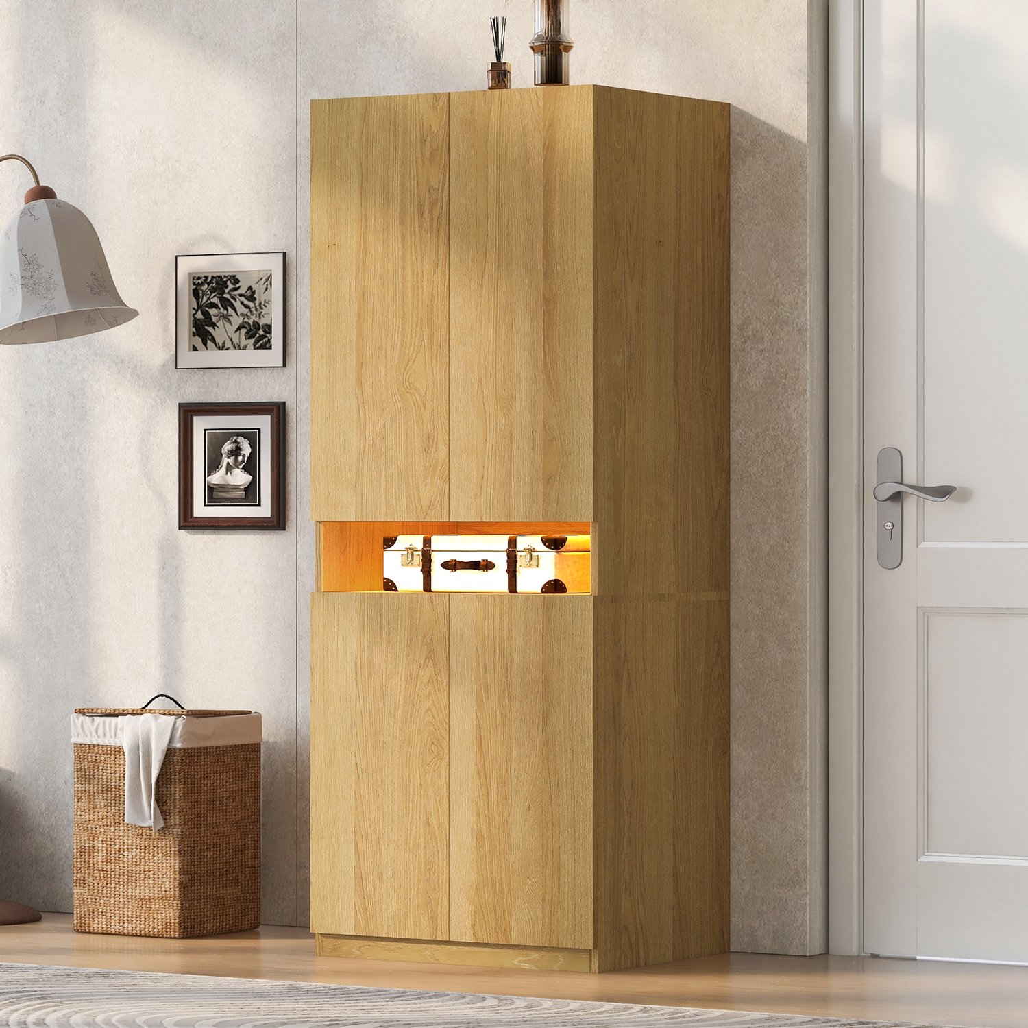 Merax Kledingkast 70 x 55 x 180 cm - met LED-verlichting - grote opbergruimte en hanggedeelte - eendeurs kast - houtkleur