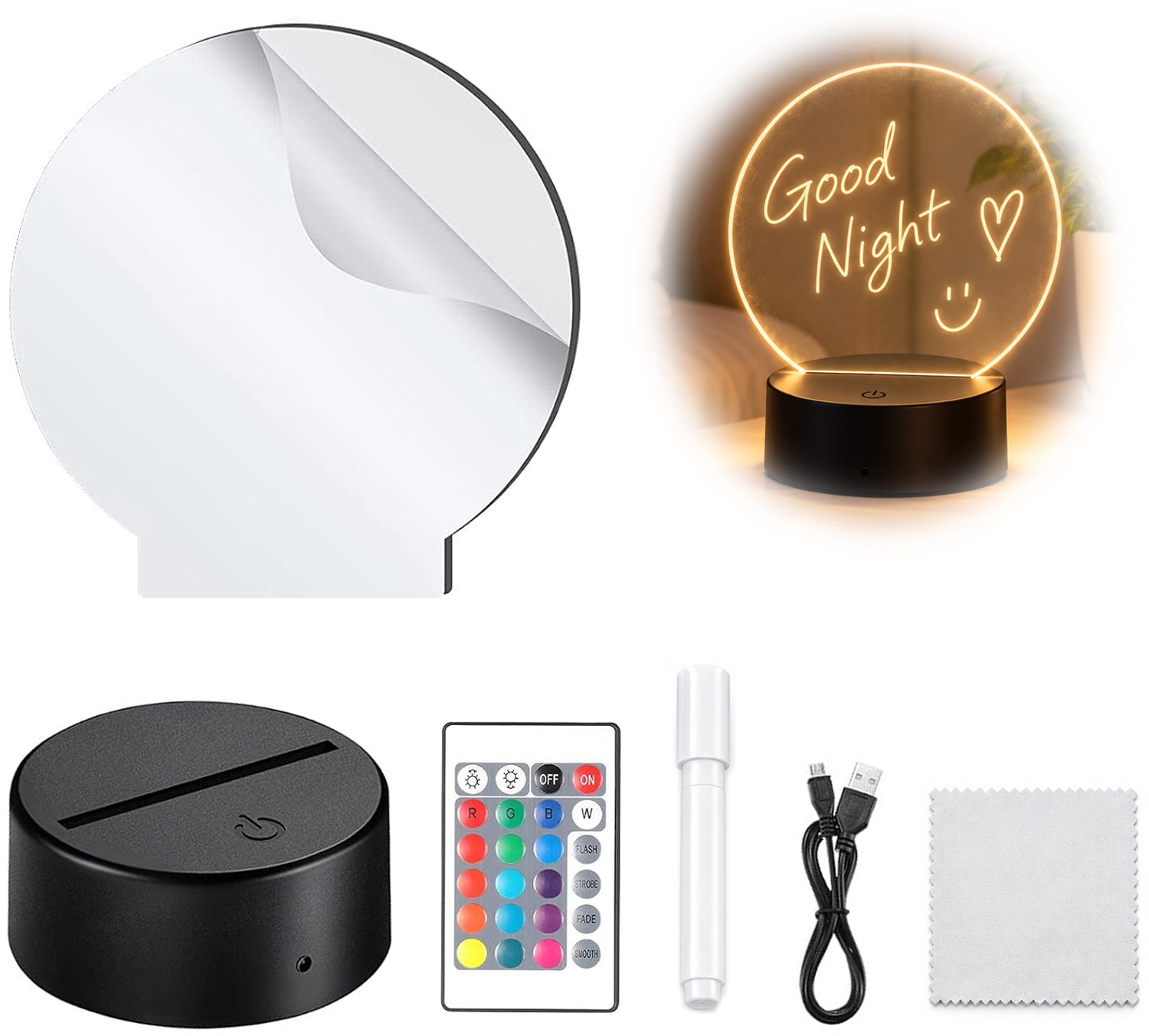 Berichtenbord Nachtlamp - 16 Kleuren Afstandsbediening - DIY Doodle en Uitwisbaar - Blanco Berichtenbord Bureaulamp - Dubbele Voeding USB en Batterij - Met 16-kleuren Afstandsbediening en Aanraakbediening - Zwarte Basis - 1 Stuk