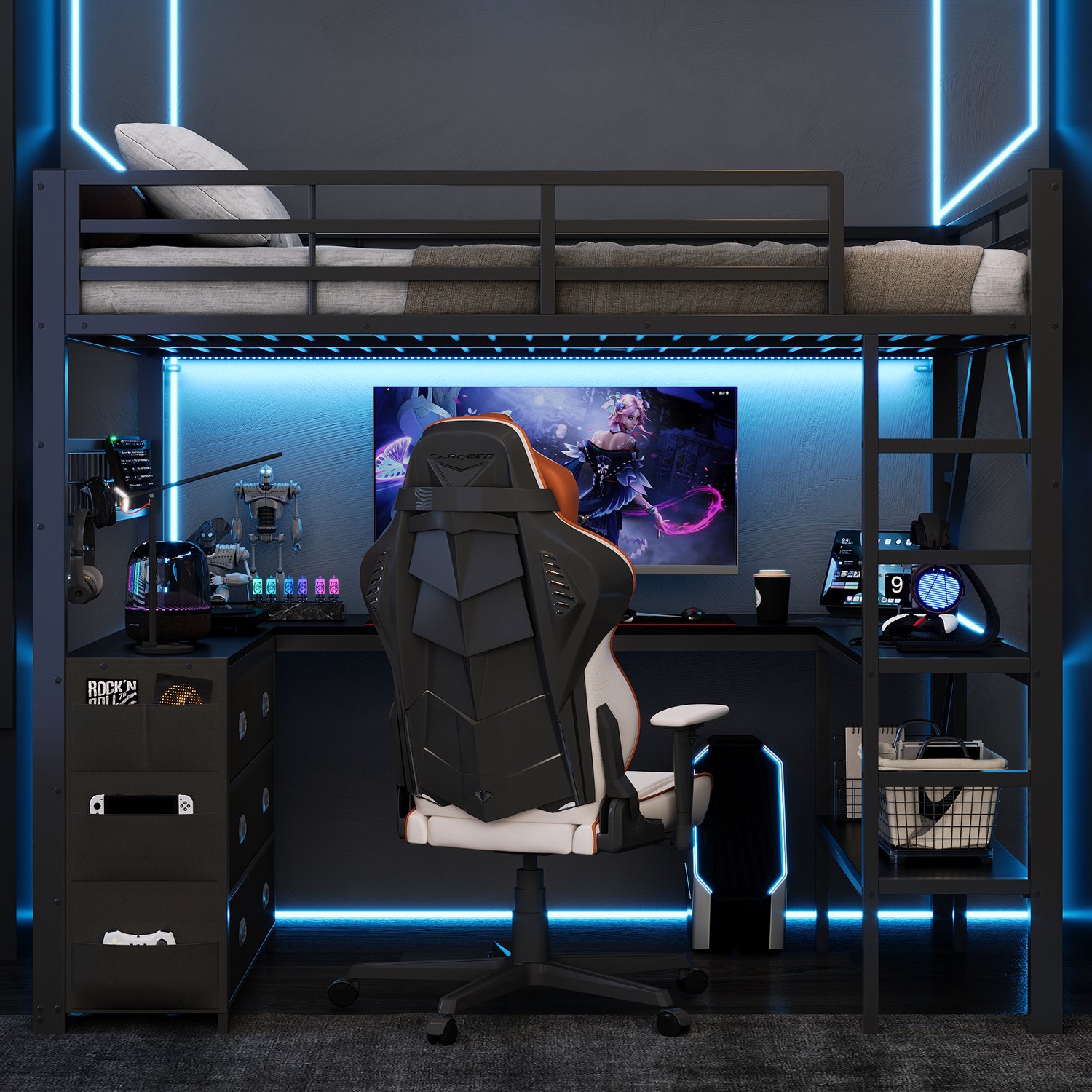 MUVANO Metalen gaming hoogslaper - Zwarte hoogslaper met bureau - Hoogslaper met lades en planken - Bed met led verlichting - 140x200 cm - Opbergen - Gaming Zwart