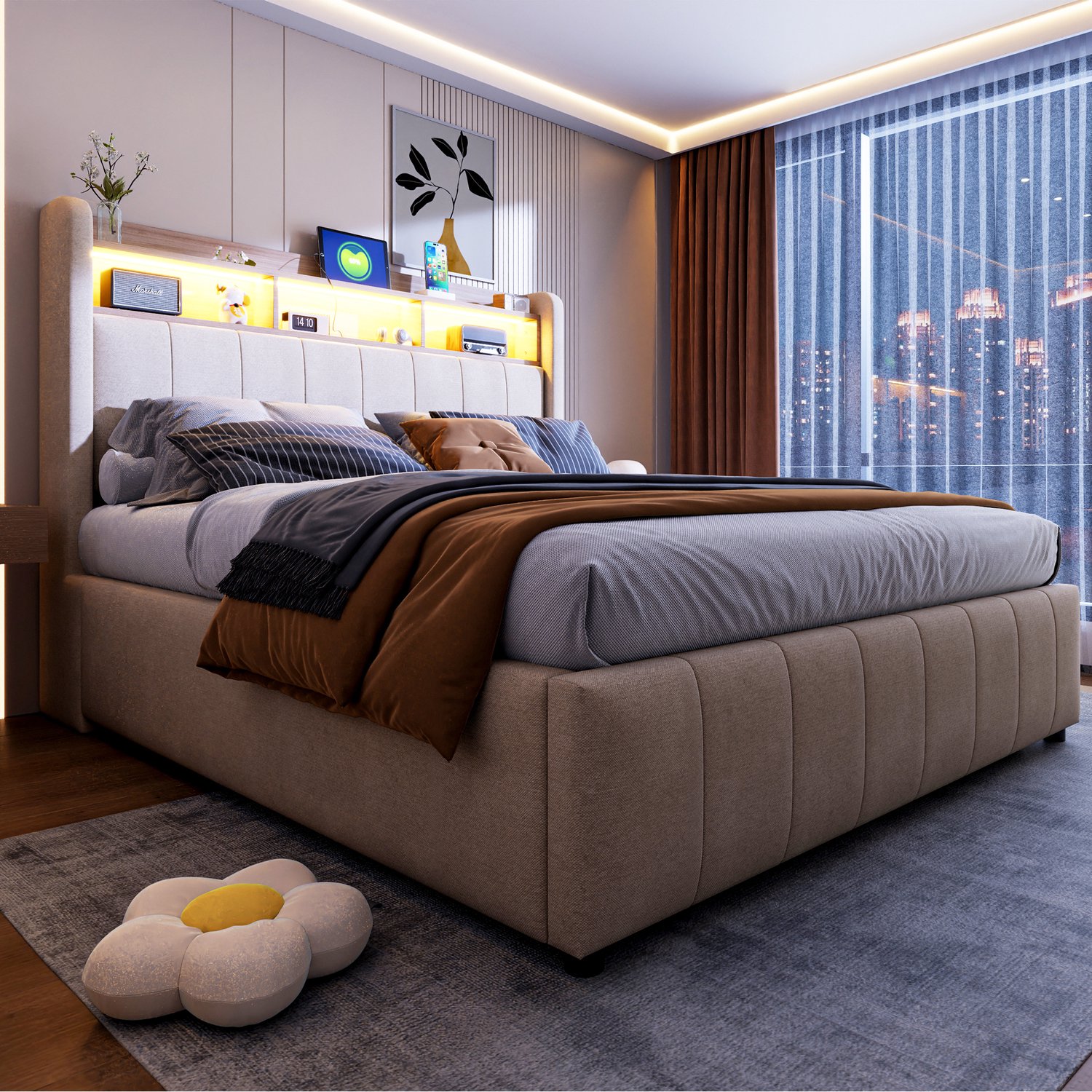 Merax 140x200 cm gestoffeerd bed - met LED-verlichting en USB-aansluiting - met opbergruimte - beige - zonder matras