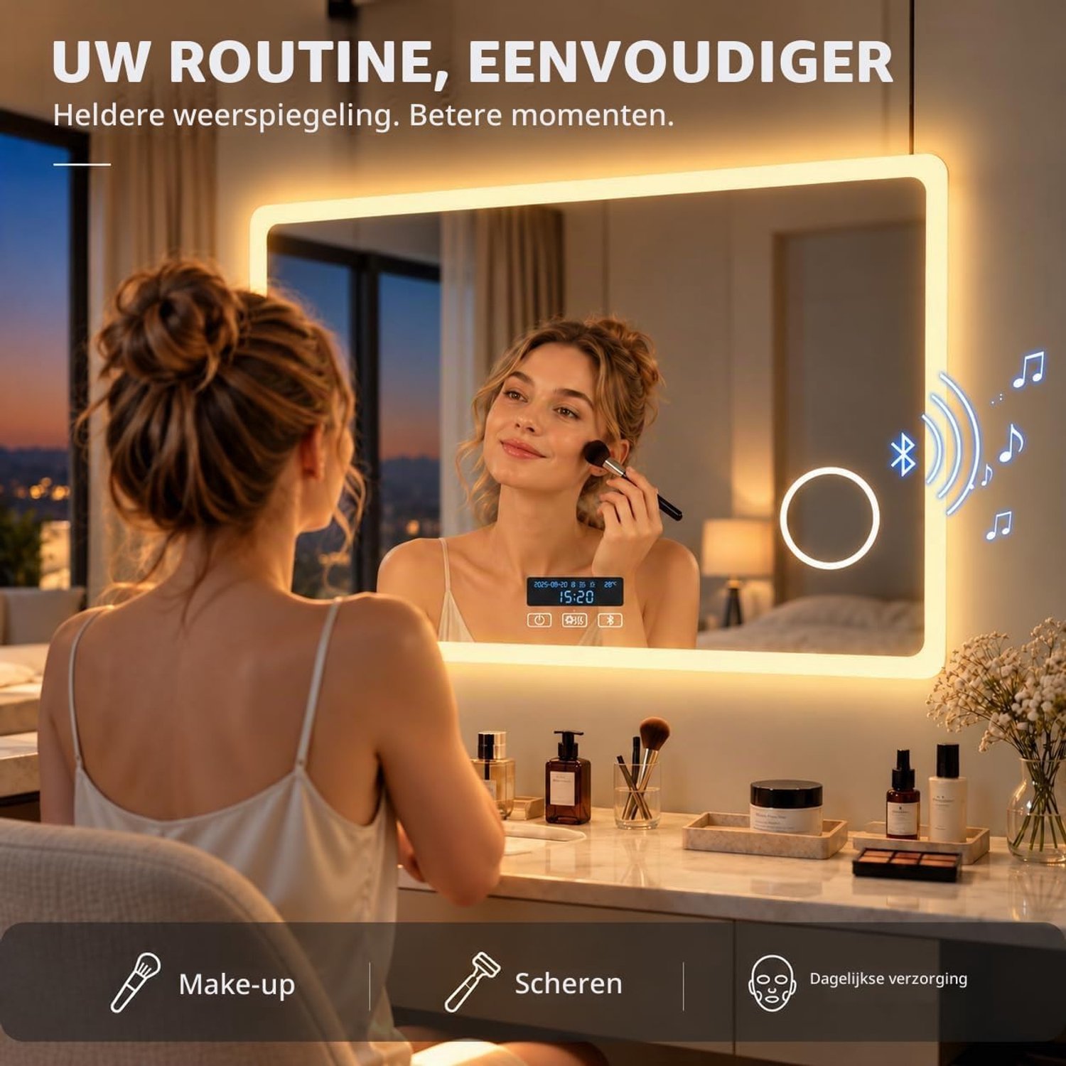 LED Badkamerspiegel met Bluetooth, 3 Lichtkleuren, Make-upspiegel en Klok – 80 × 60 cm