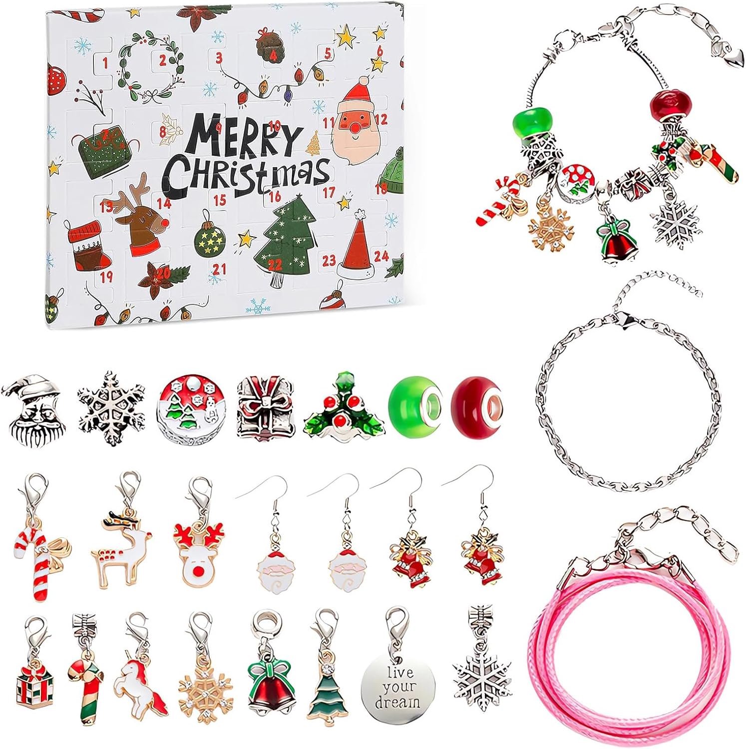 KZQ Kerst-adventkalenderarmband – Armband voor het aftellen naar Kerstmis (24 dagen) – Doe-het-zelf sieradenarmband als cadeau – Kerstdecoratie – 22 bedels en 2 armbanden – Zilver
