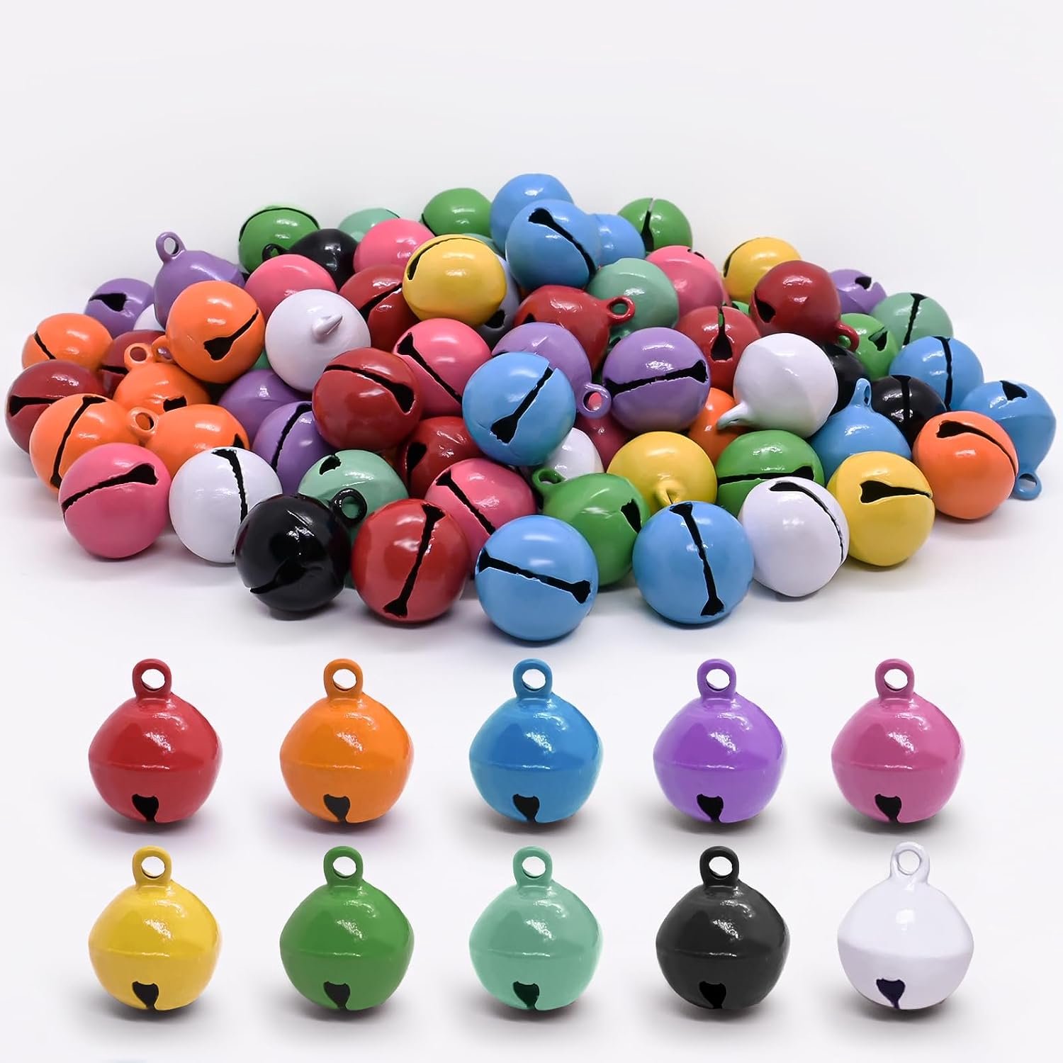 KZQ 100 kleurrijke kleine belletjes – metalen belletjes van 14 mm – knutselbelletjes met ophangoogje – Kerst decoraties – geschikt voor sleutelhangers en kerstversiering voor huisdieren