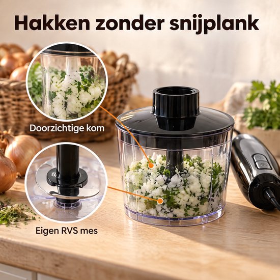 Cheqo® Staafmixer Set 300W met Garde en Hakmolen - Staafmixerset - Handblender met Turbofunctie - Staafblender - Pureerstaaf voor Soep - Hakselaar - Klopper - RVS Messen - 2 Snelheden - Mixer Set - Smoothie Mixer - Keukenmixer - Zwart Grijs van Cheqo — afbeelding 4