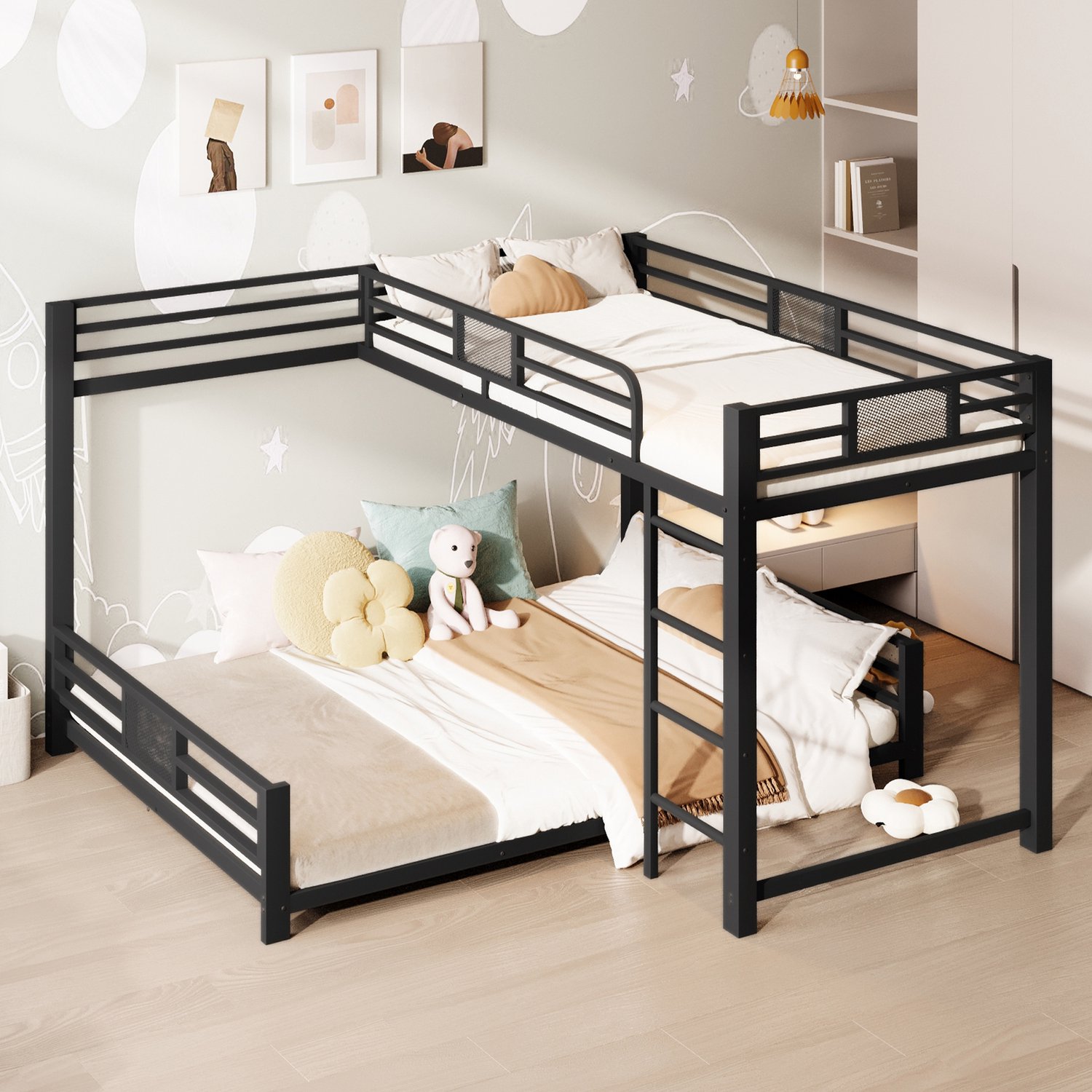 MUVANO L-vormig metalen stapelbed - stapelbed 90x200 en 140x200 - Familiekamer bed - 204x204x130 cm - Ruimtebesparend - Kinderkamer Zwart