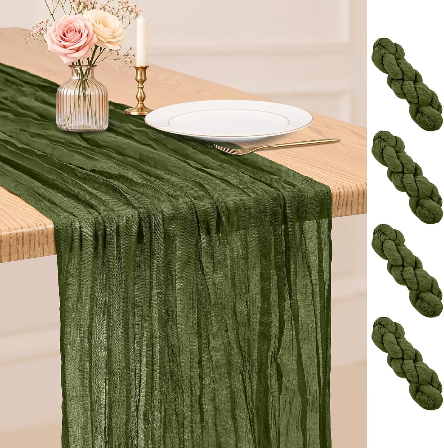 KZQ 4 stuks Olijfgroene tafelloper – Tafelloper van kaasdoek – Boheems-rustieke gaasstof – Afmeting 90 x 300 cm