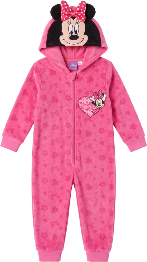 Roze onesie met Minnie Mouse-capuchon, strik, rits en Minnie-hartapplicatie met tekst.