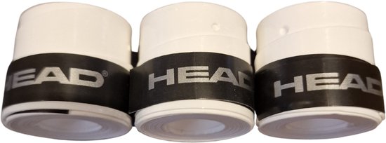 Drie witte Head overgrips met een zwarte band met HEAD-logo.