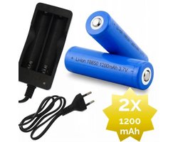 2x 1200mAh 18650 3,7V Li-Ion - 18 x 65 mm Cilindrisch - Oplaadbare CR18650 Batterijen met Netstroom Oplader - Universele Lithium-Ion Batterijen met 230V Lader