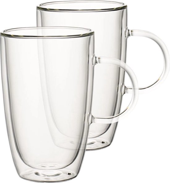 Ensemble de deux verres à double paroi transparents avec anse pour le café ou le thé.