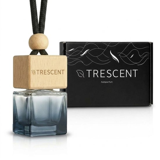 Vierkant glazen autoparfumflesje met houten dop en zwart koord, naast een zwarte verpakking met Trescent-logo.